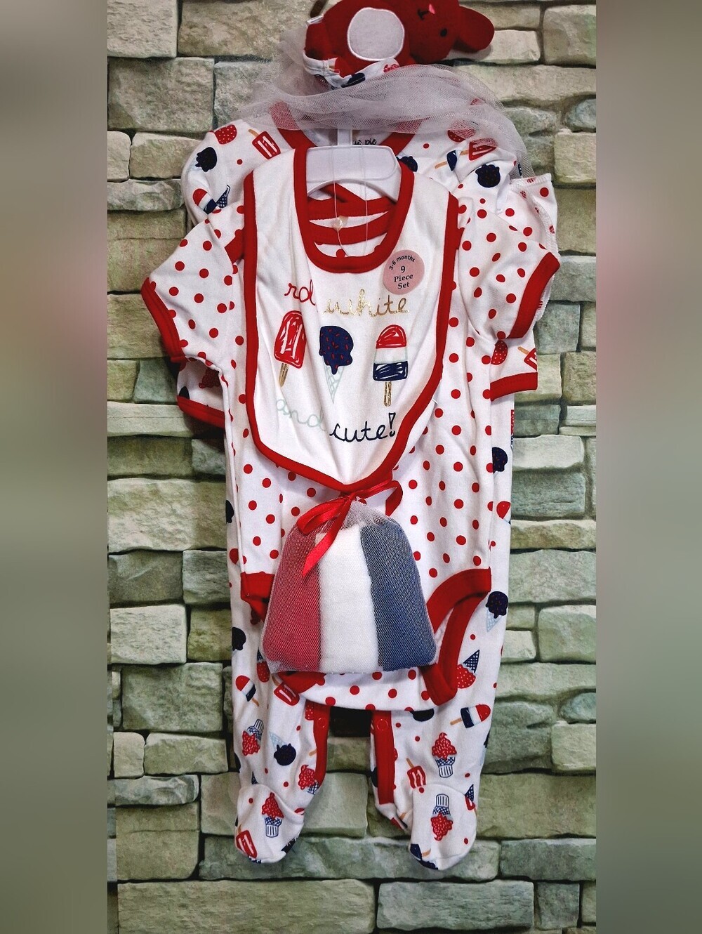 New Patriotic Polka-Dot Baby 3-6 Months 9 Piece Matching Set